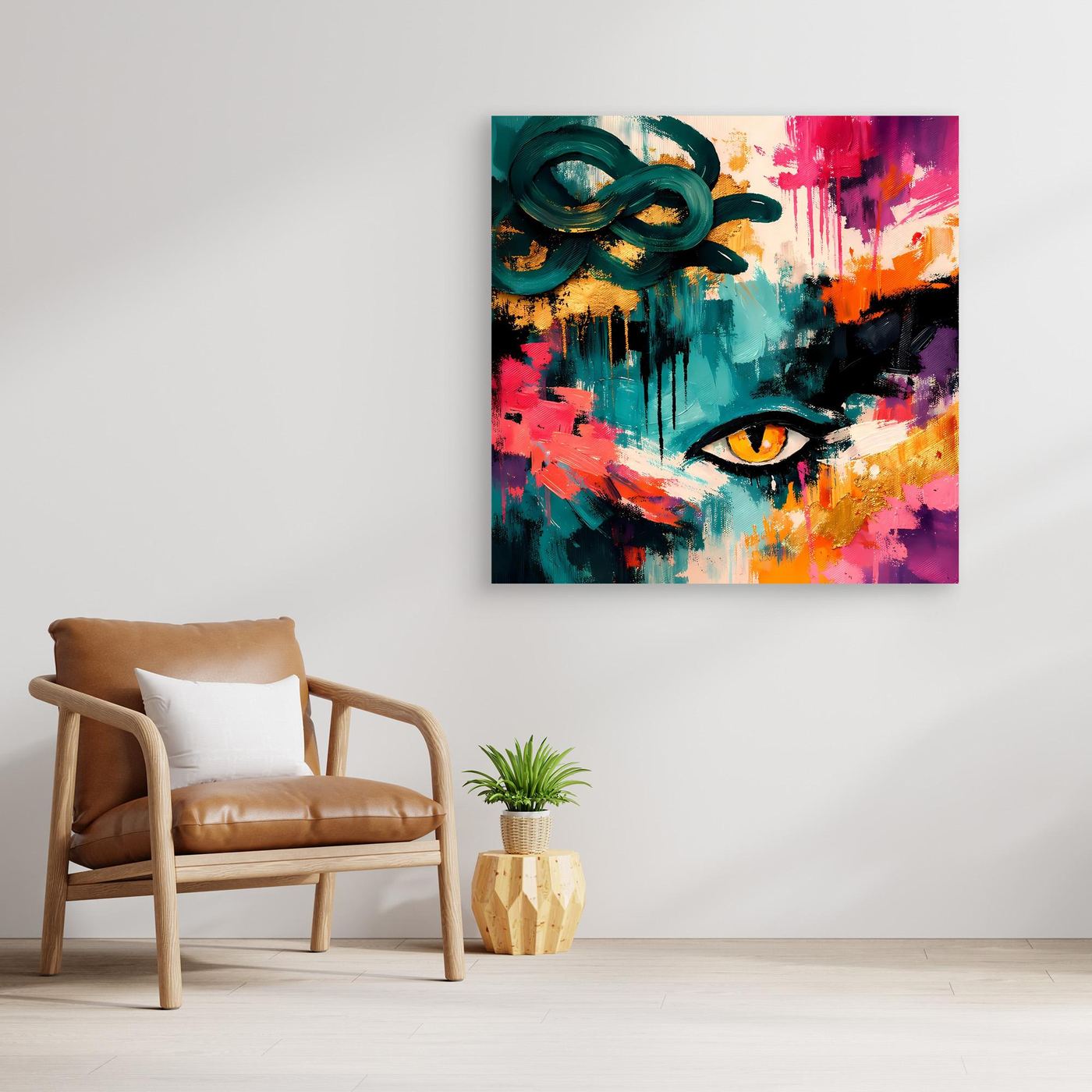 Abstraktes Leinwand-Wandbild mit Medusa-Auge, Holzrahmen und bunten Farbflächen