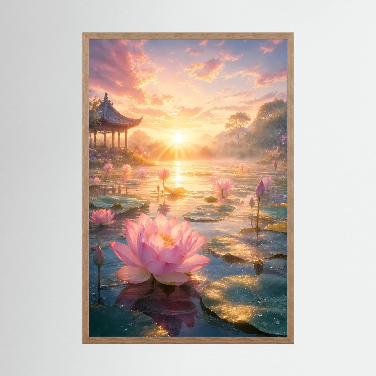 Poster im Hochformat mit rosa Lotusblüte im goldenen Sonnenaufgang, brauner Holzrahmen