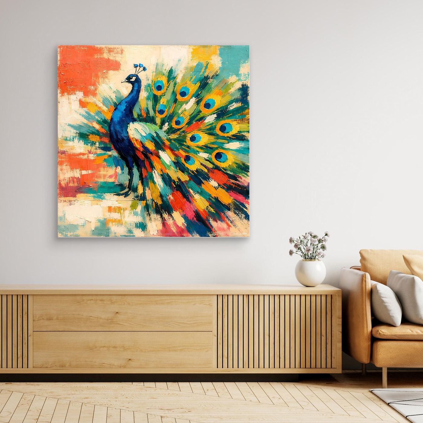 Peacock abstract canvas wall art with wood-tone frame, colorful feather fan