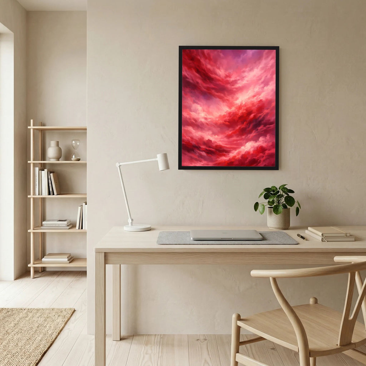 Gerahmtes Poster zeigt rote Wolkenstrukturen mit hellen rosa Partien