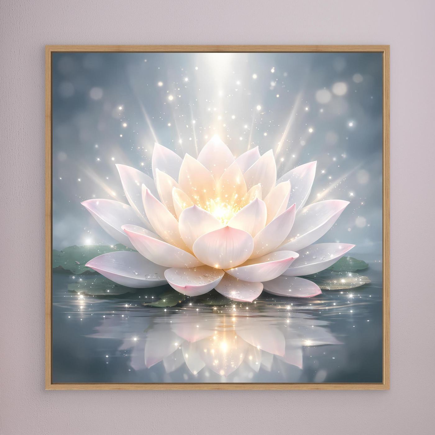Leinwandbild mit leuchtender Lotusblüte in Pastelltönen, goldbrauner Holzrahmen.