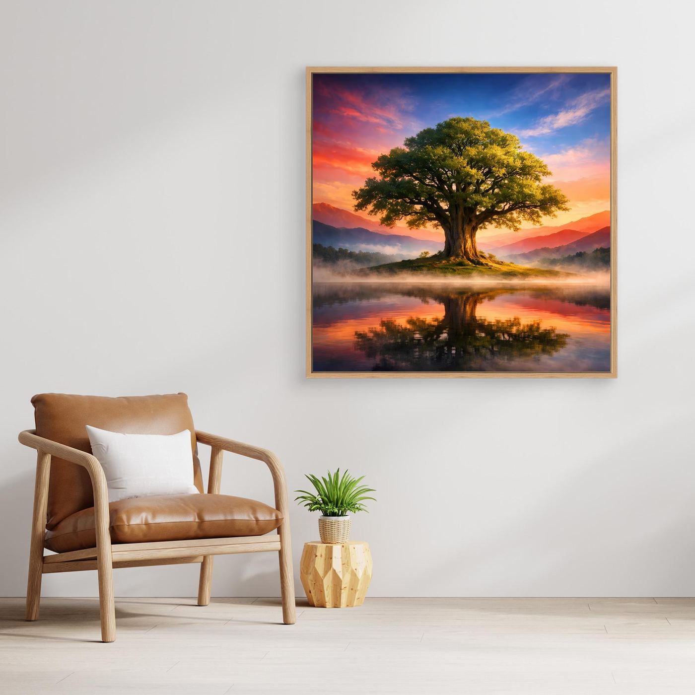 Leinwandbild: Baum mit Wasserspiegelung bei Sonnenuntergang, warmfarbene Szene, Holzrahmen