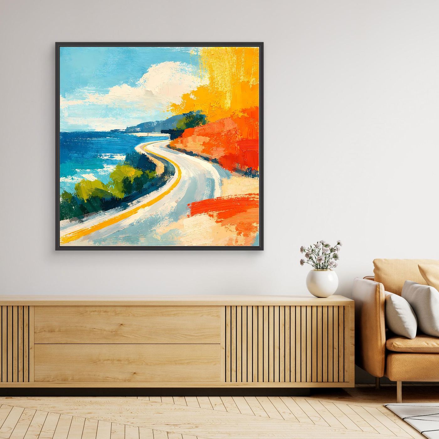 Coastal abstract landscape wall art with black frame, winding road and ocean colors