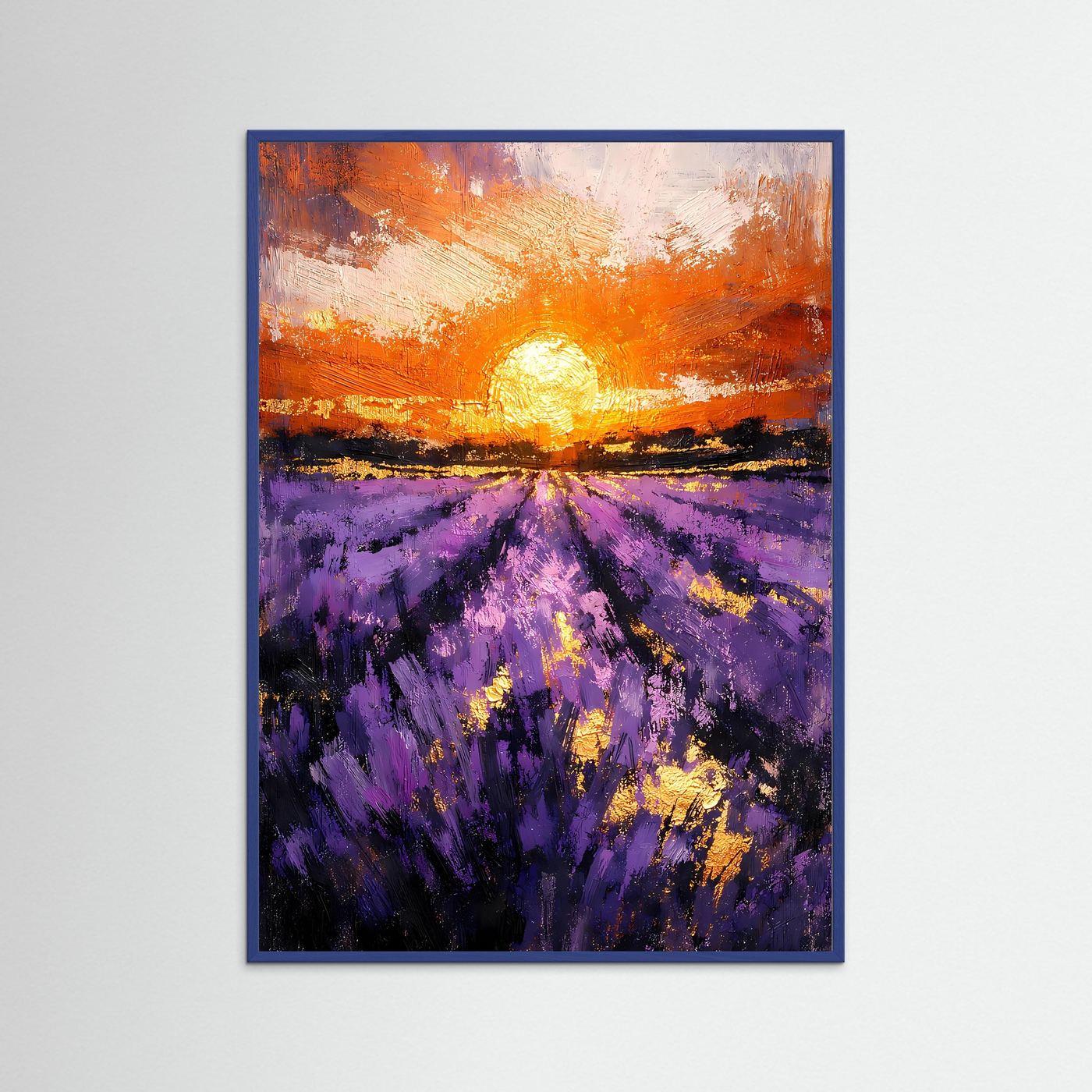 Hochformat-Wandposter mit blauem Rahmen: Sonnenuntergang über Lavendelfeld, violett/orange
