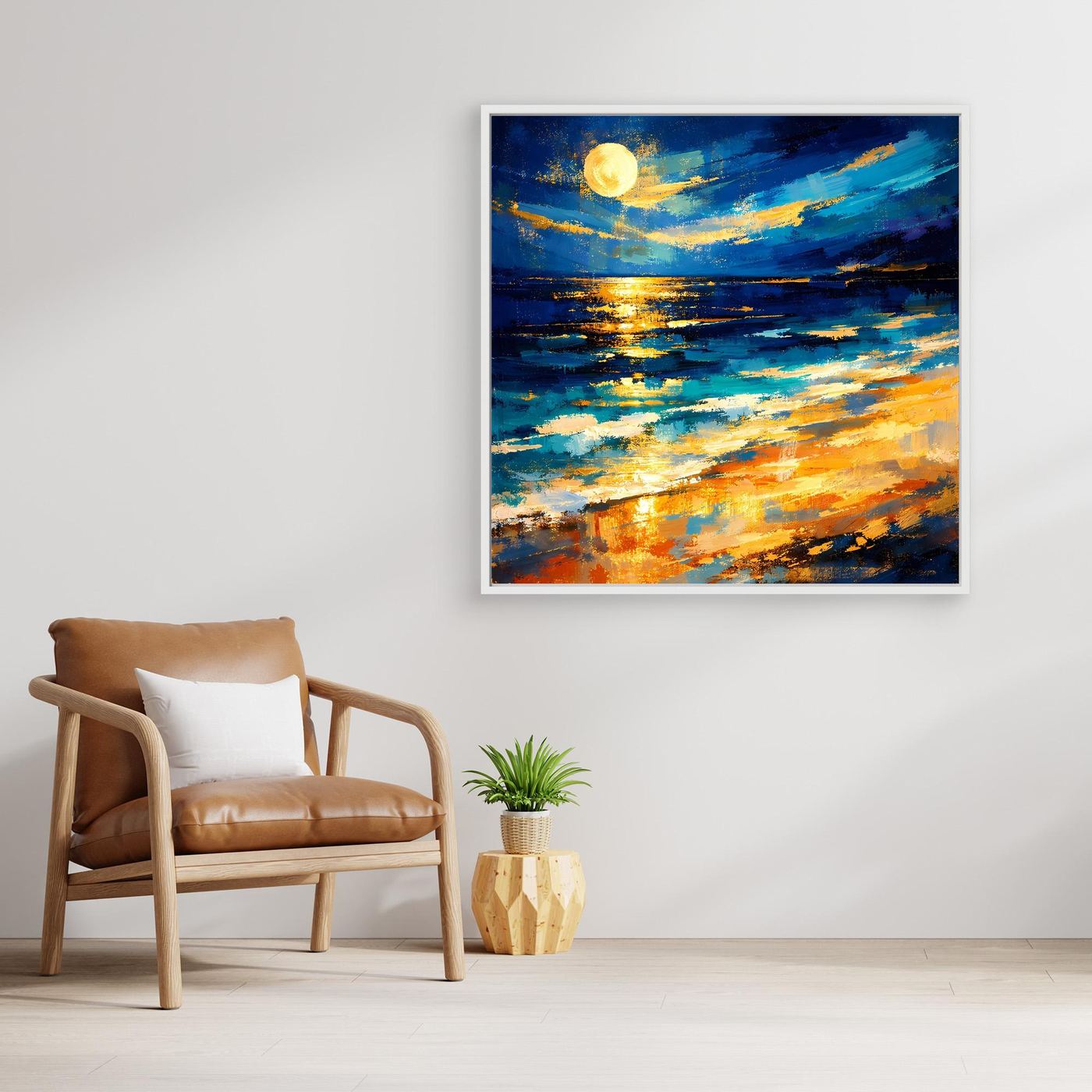 Leinwandbild mit Vollmond und Horizontlinie, abstraktes Meer in Blau und Gold