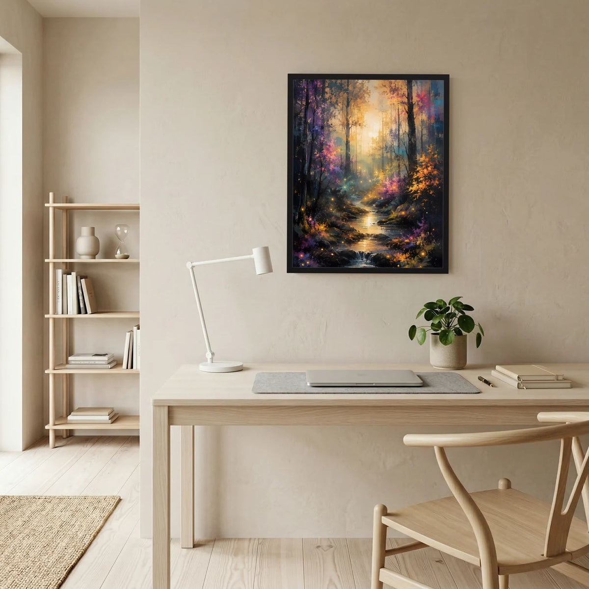 Gerahmtes Wandposter mit Waldpfad und leuchtendem Bach, umgeben von bunten Lichtern