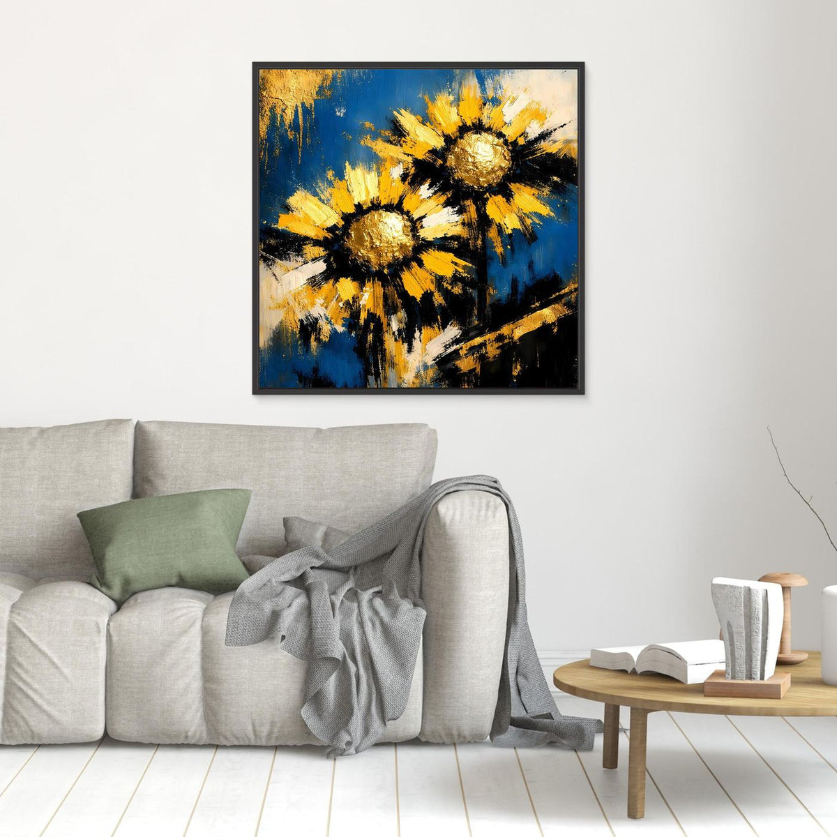 Kleines Wandbild: abstrakte Sonnenblumen in Blau, Gelb und Gold, schwarzer Rahmen