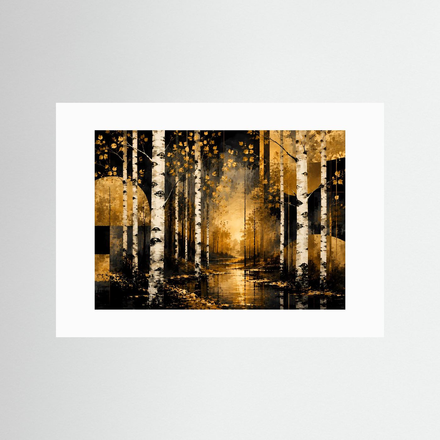 Goldener Birkenwald im Abendlicht | Abstrakte Waldlandschaft mit weißen Birken in Schwarz, Gold & Creme | Elegantes Natur Wandbild im Querformat mit moderner geometrischer Kunst