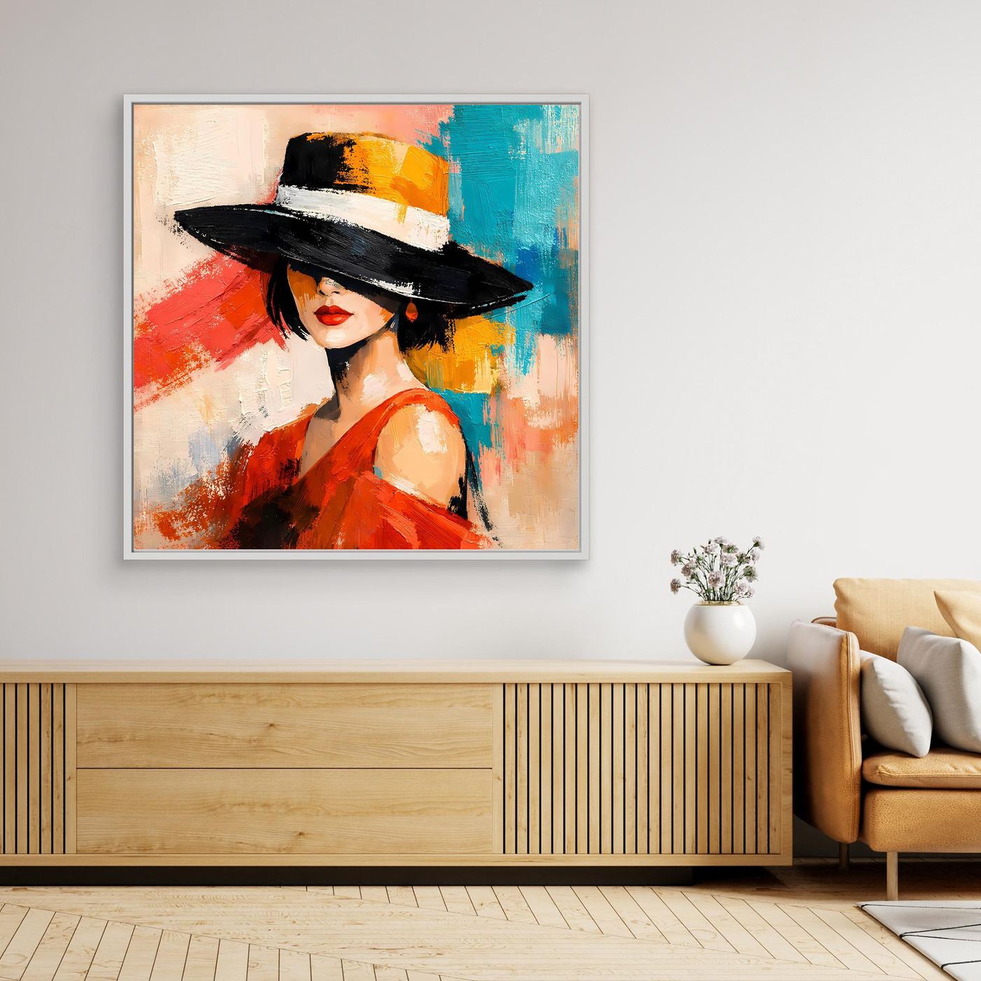 Framed canvas fashion wall art of a woman in a black hat and red dress, abstract background