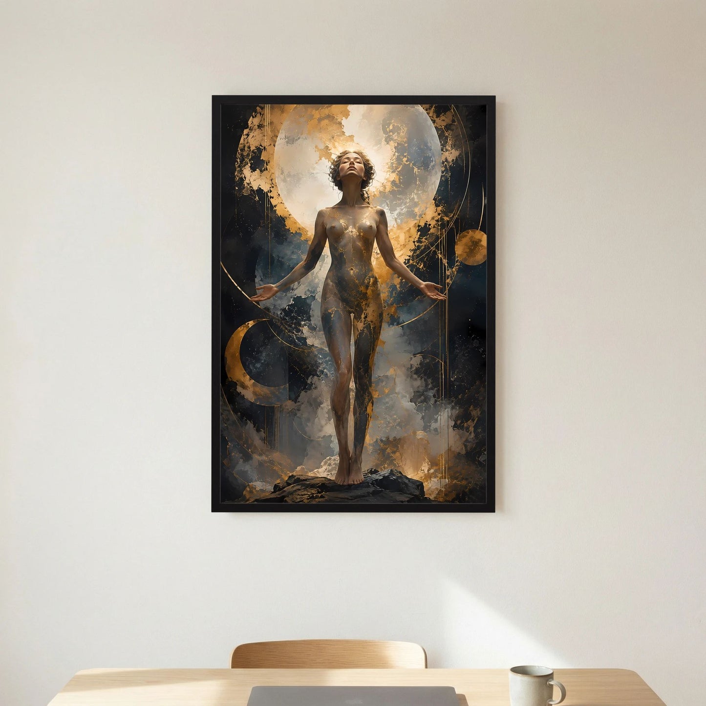 Mondgöttin in Gold | Mystische Frau vor Vollmond | Poster Hochformat