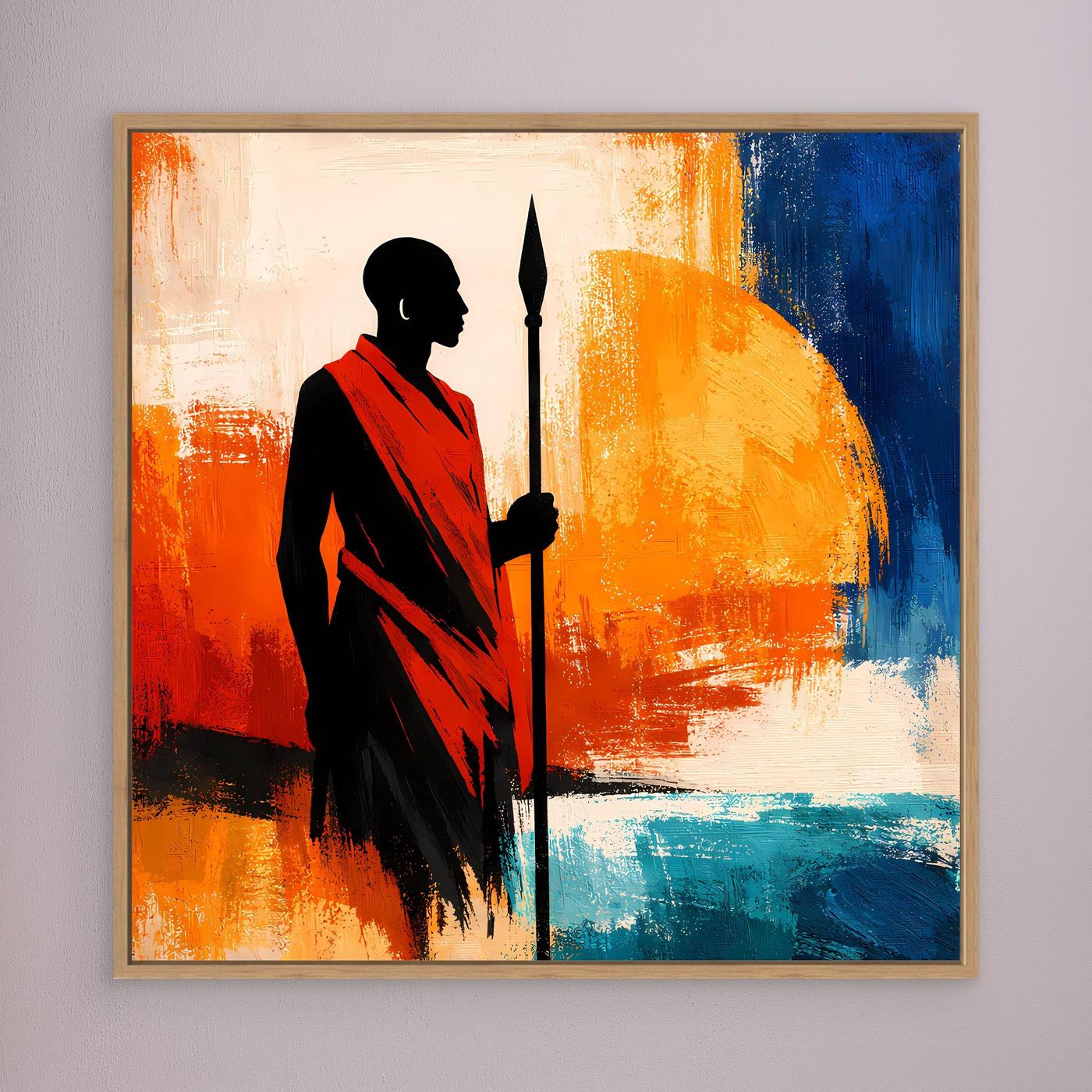 Leinwand Afrikanischer Krieger bei Sonnenuntergang | Modernes Ethno Silhouette Wandbild