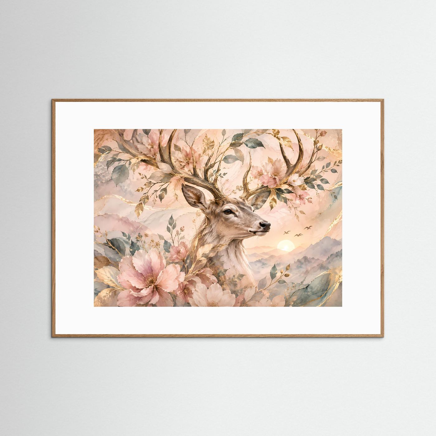 Hirsch mit Blüten Poster | Eleganter Hirsch in floraler Naturkunst | Pastell Wandbild mit Goldakzenten | Romantische Waldkunst | Premium Leinwand & Wall Art