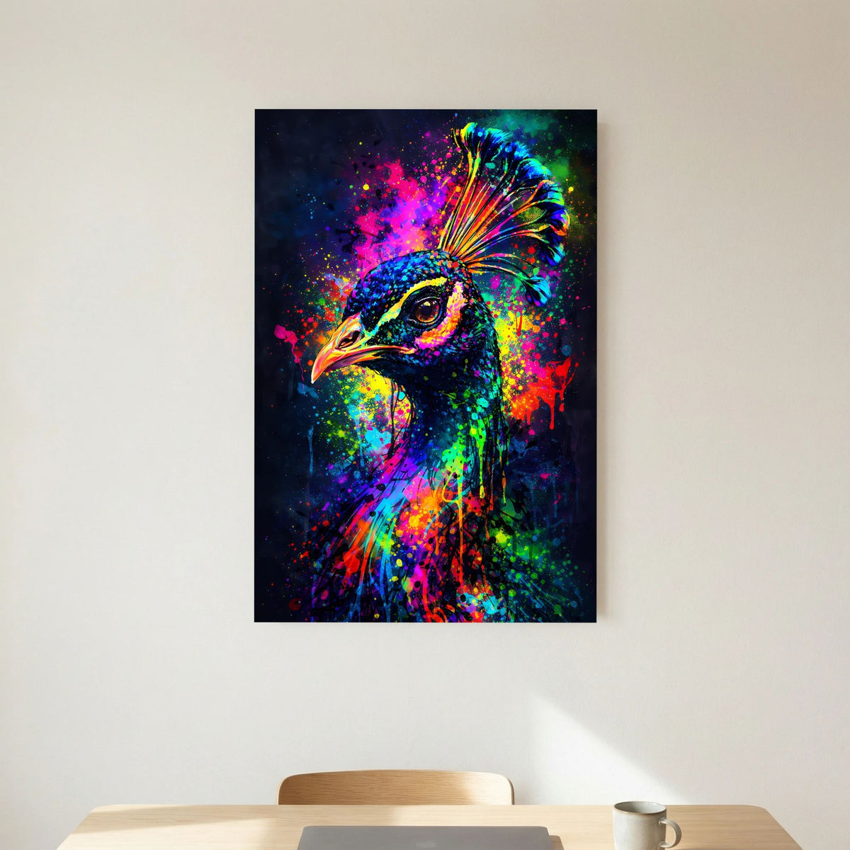 Hochformat-Poster mit Pfauenkopf im Neon-Look, regenbogenfarbener Federkamm