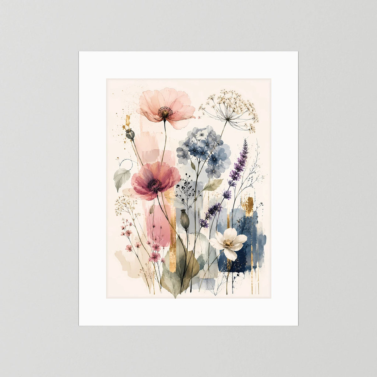 Kunstposter im Hochformat mit Wildblumen-Motiv in Pastellfarben, weißer Rand