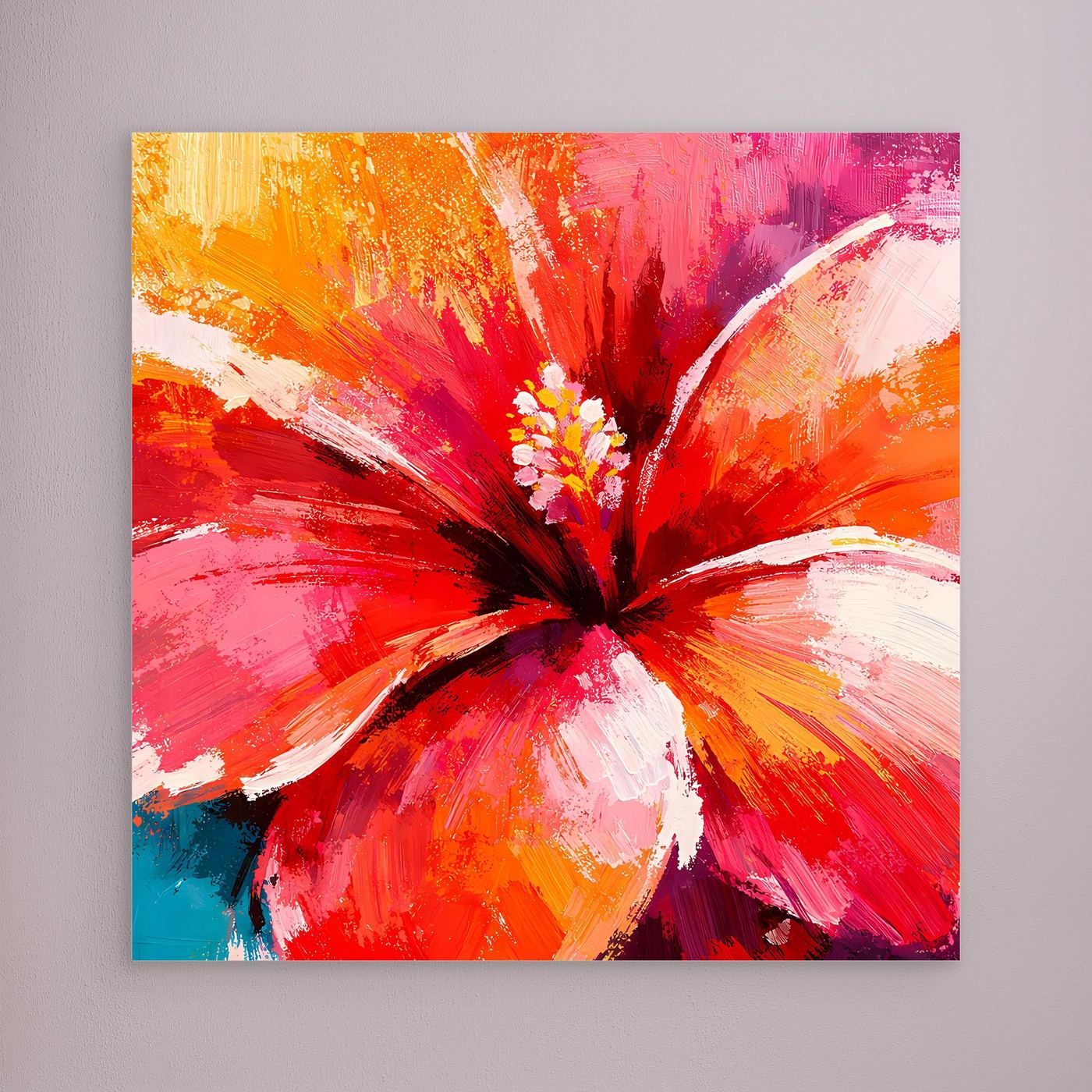 Leinwand Abstraktes Hibiskus Blütenbild | Modernes Tropen Wandbild Rot Pink