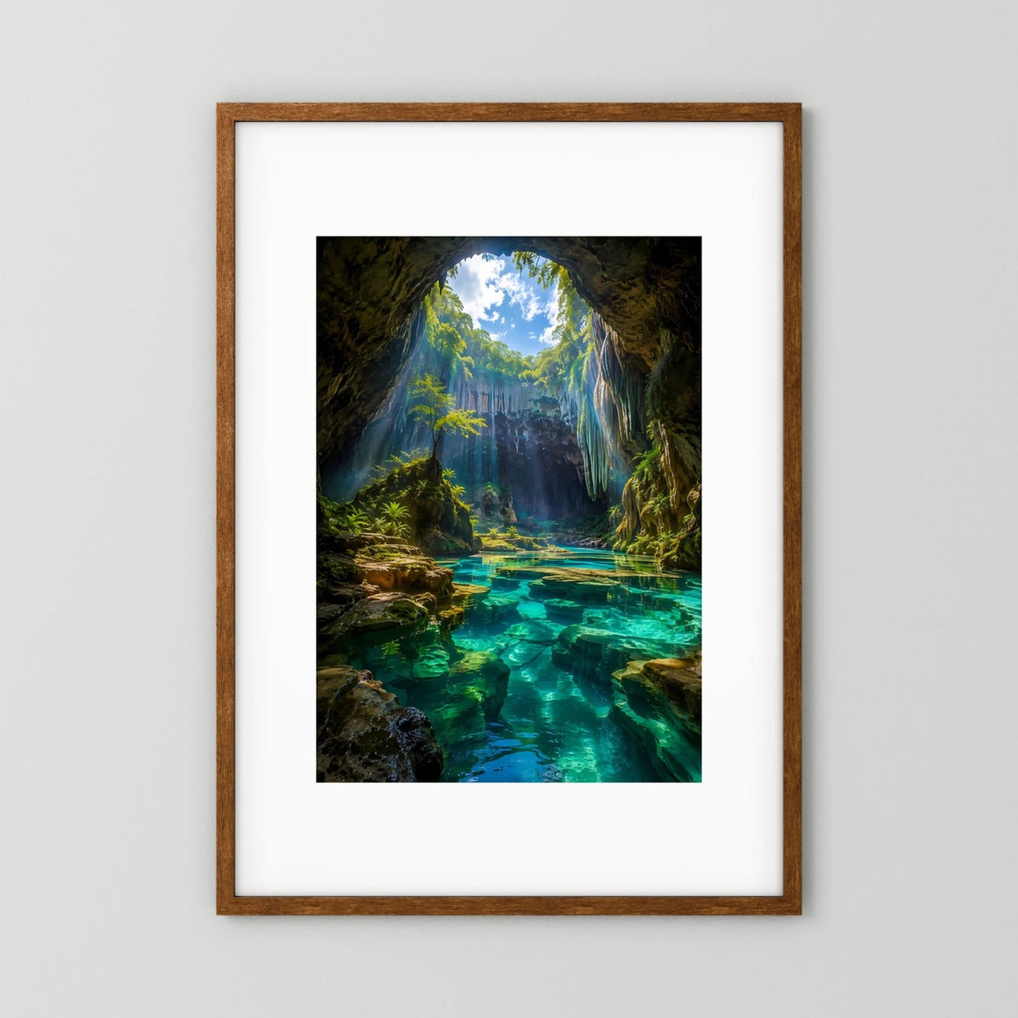 Verborgene Höhle mit türkisblauem Wasser | Mystische Natur-Oase im Sonnenlicht | Poster Hochformat