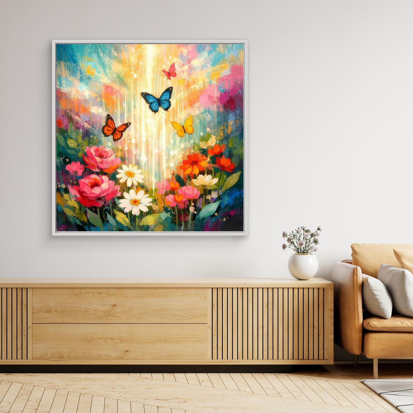 Wandbild mit Blumen und Schmetterlingen, abstrakt, farbenfroh, mit hellem Rahmen