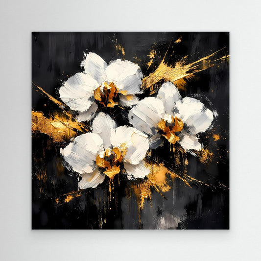 Leinwandbild mit abstrakten weißen Orchideenblüten und goldenen Farbspritzern auf dunklem Grund