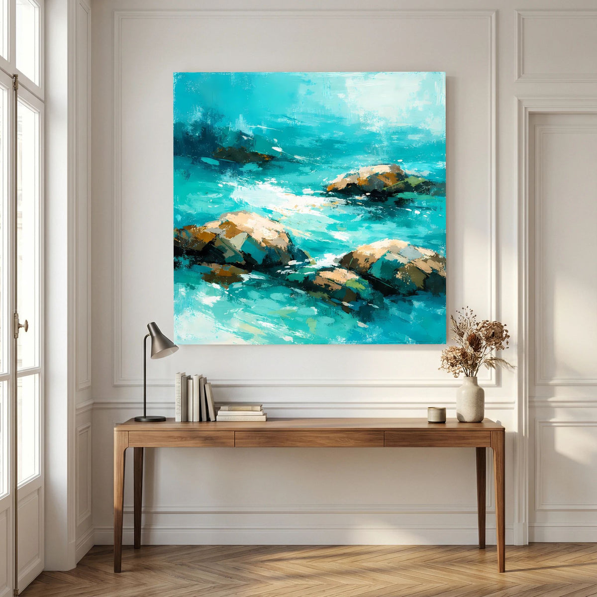 Leinwand-Wandbild mit abstrakter Küstenszene in Türkis und Felsen
