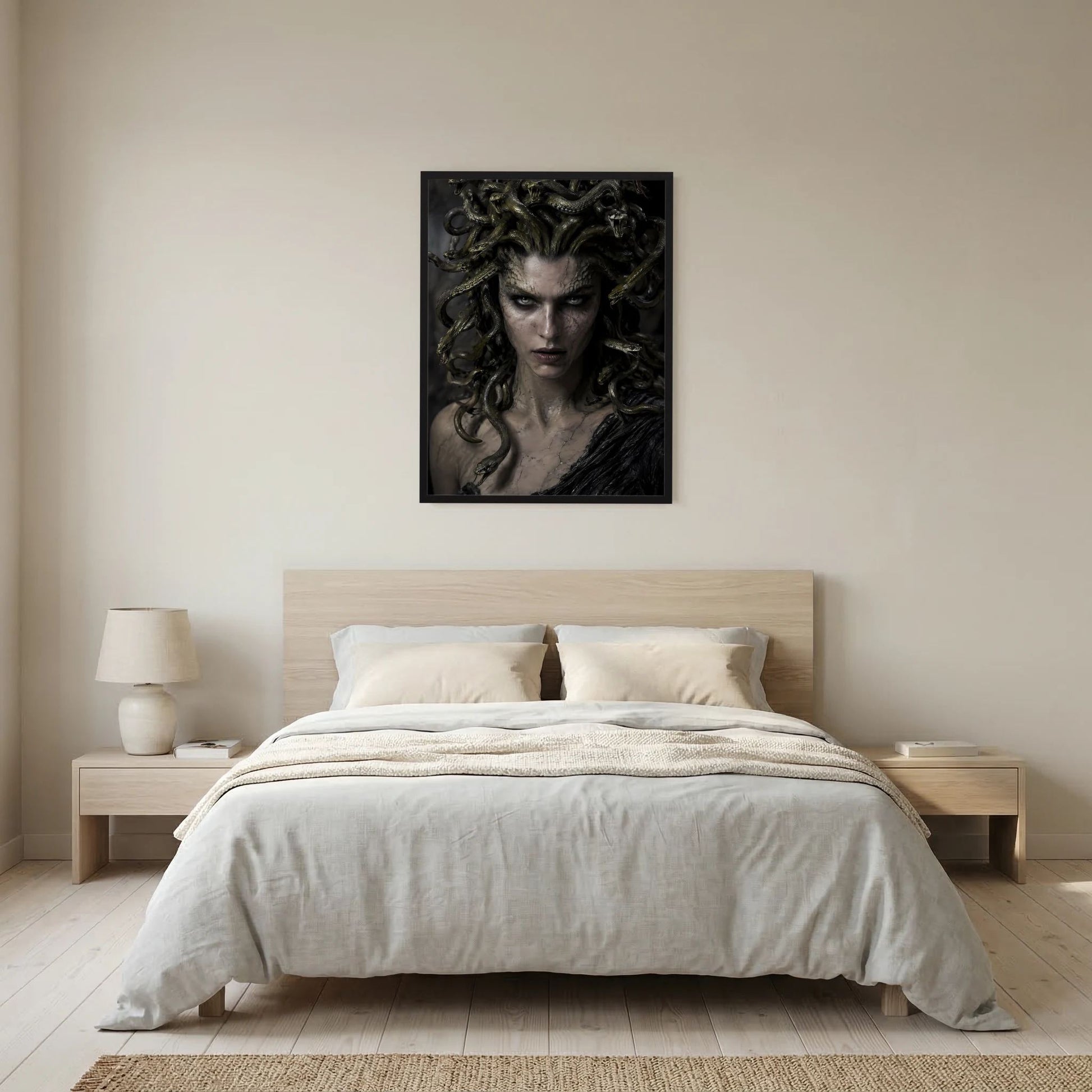 Gerahmtes Medusa-Fantasy-Poster mit Schlangenhaaren und dunklem Portrait