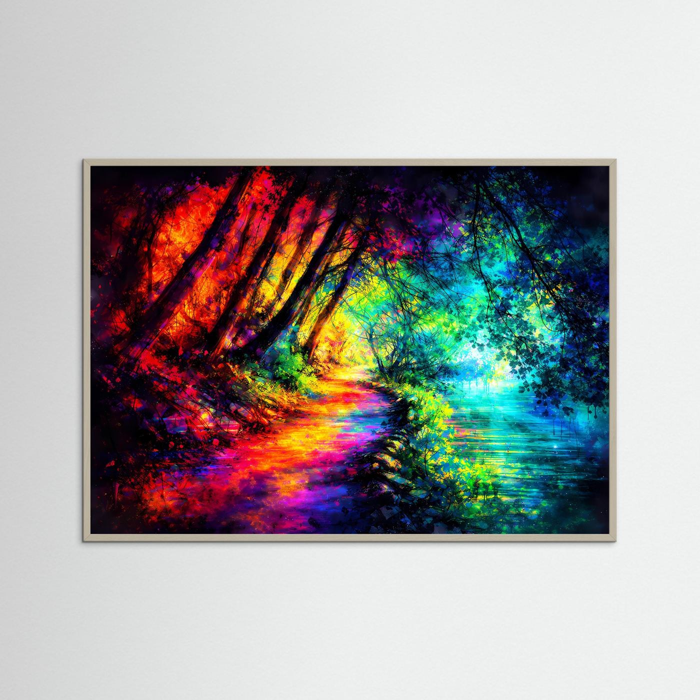 Neon-Waldpfad Poster im Querformat mit abstraktem Regenbogenwald im grauen Holzrahmen