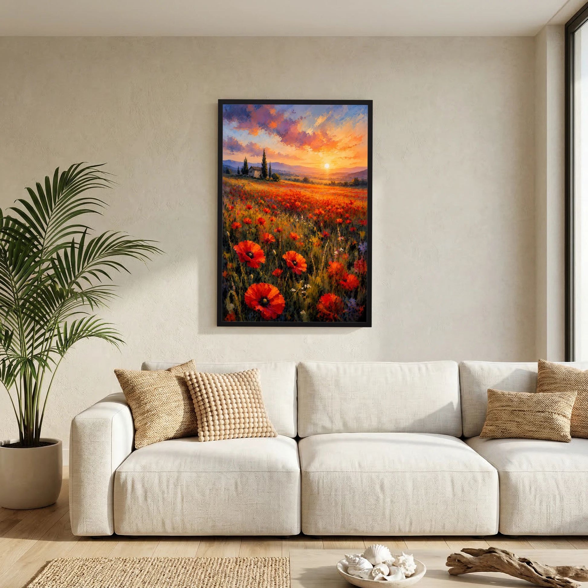 Poster im Hochformat: Mohnblumenfeld mit Dorf im Abendlicht, orangefarbene Sonne