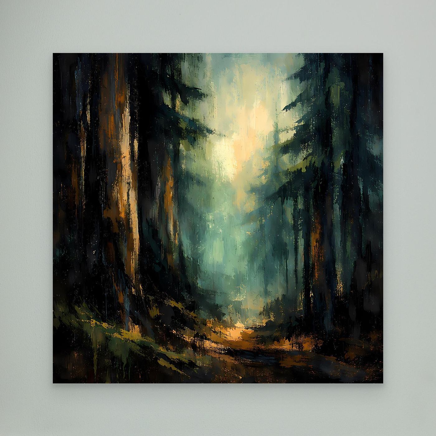 Abstraktes Leinwand-Wandbild: Waldweg im Licht, dunkle Baumstämme, dunkel gerahmt