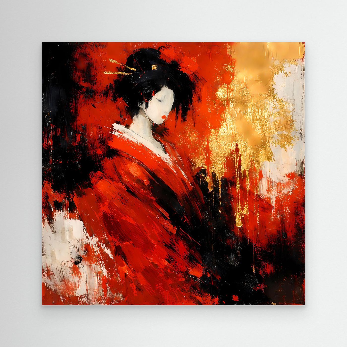 Leinwand Elegante Geisha im Roten Kimono | Abstraktes Asiatisches Wandbild Moderne Kunst