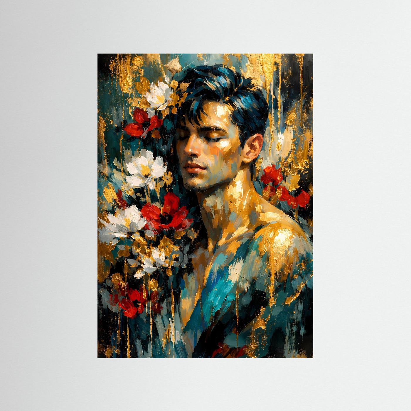 Abstraktes Männerporträt-Poster mit Blumen, blaugrünem Hintergrund und goldenen Akzenten