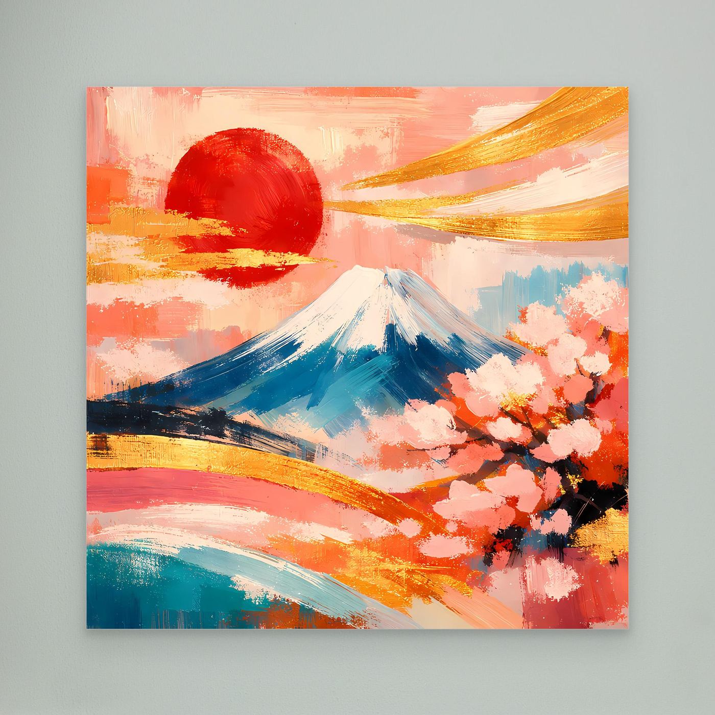 Leinwandbild mit Berg Fuji und Kirschblüten, abstrakter Farbverlauf in Rot und Blau