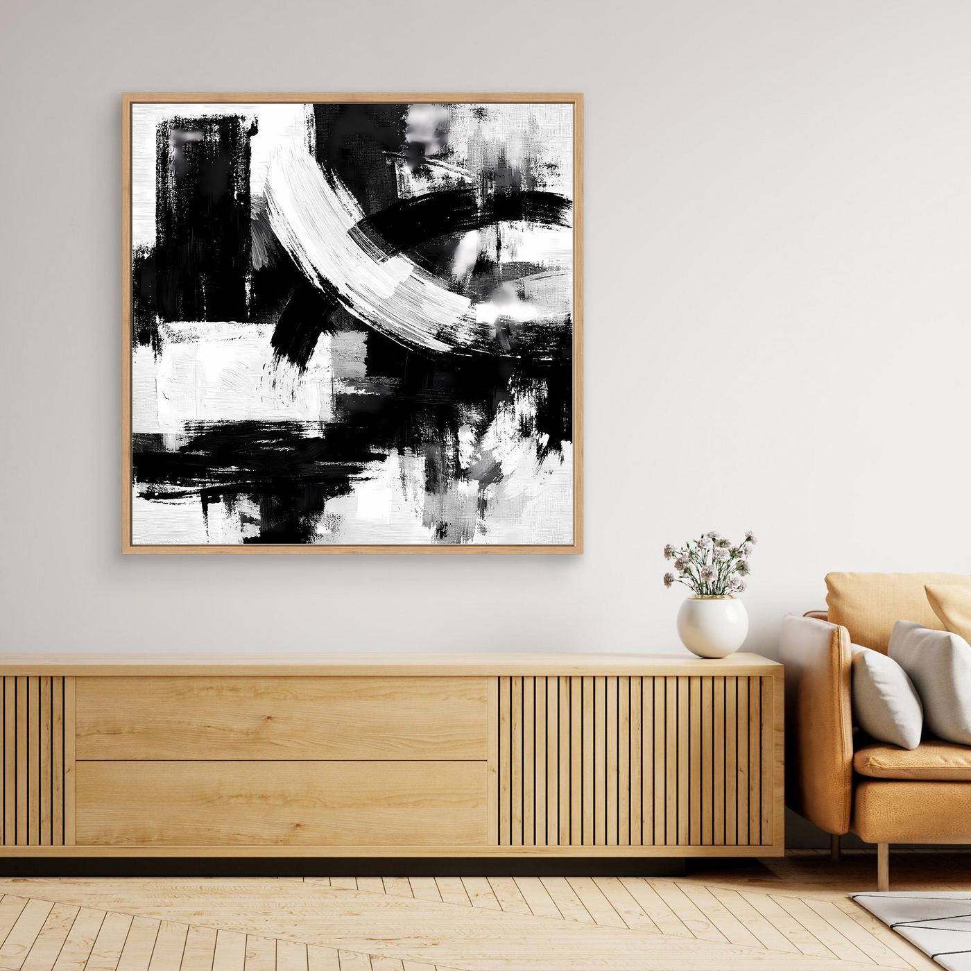 Abstract canvas wall art with black-and-white brushstrokes, square composition, wood frame