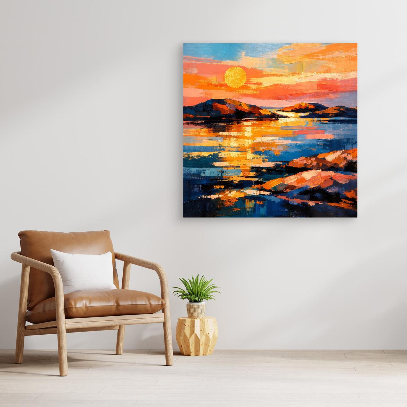 Abstraktes Leinwand-Wandbild mit Meerblick zum Sonnenuntergang in Orange, Blau und Dunkelblau