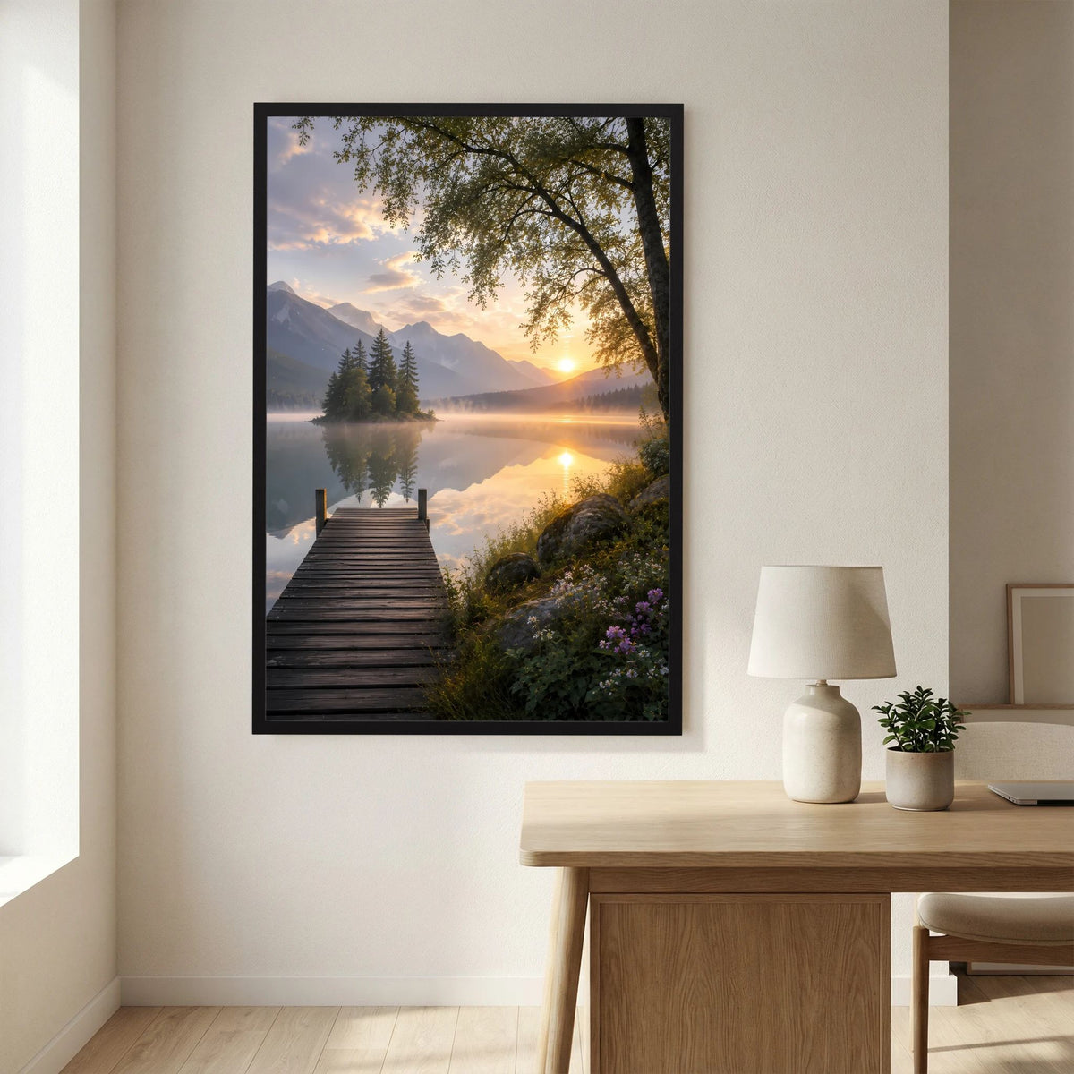 Bergsee mit Holzsteg | Sonnenuntergang in ruhiger Berglandschaft | Poster Hochformat