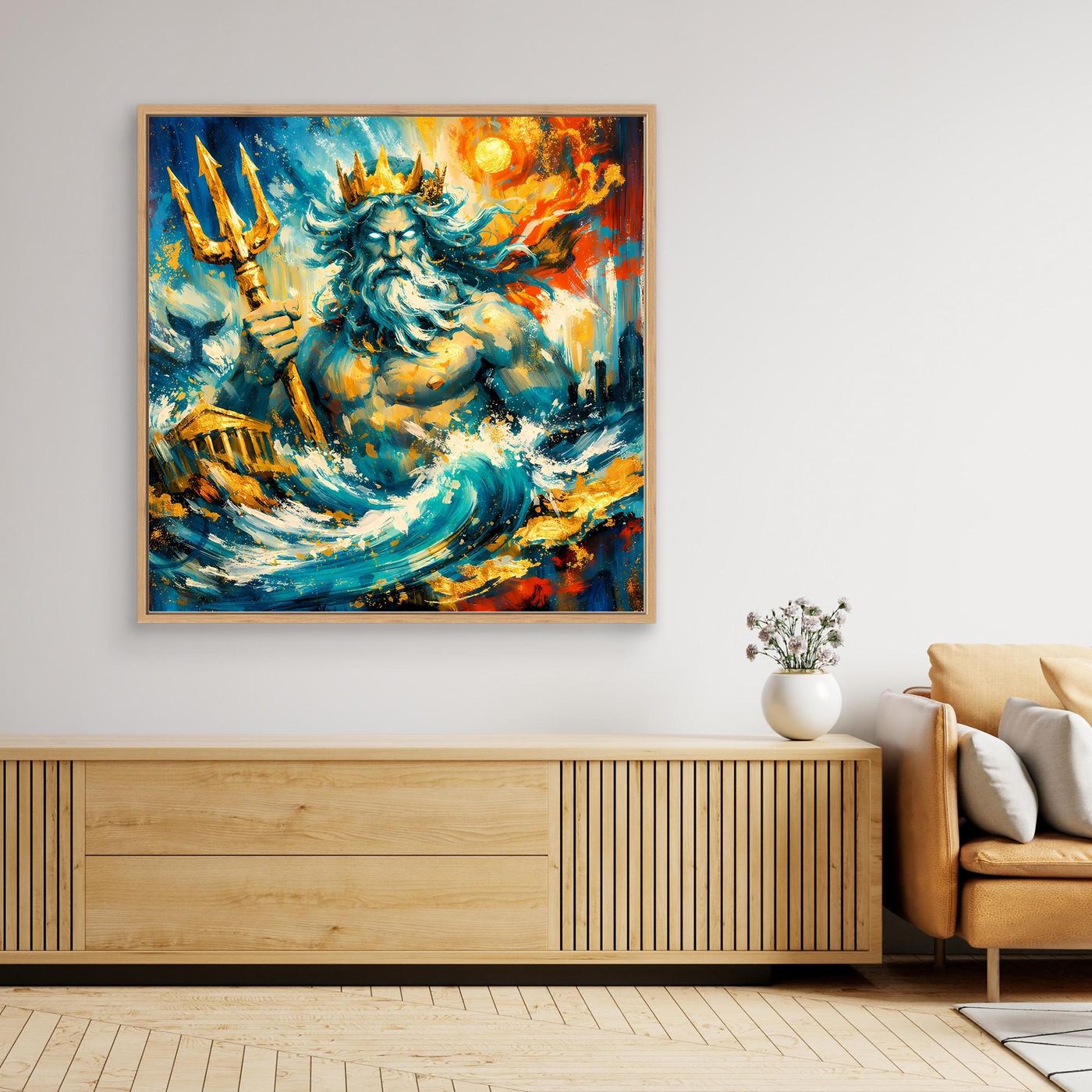 Gerahmtes Leinwandbild mit Poseidon-Meerwesen im abstrakten Meeresstil, Holzrahmen
