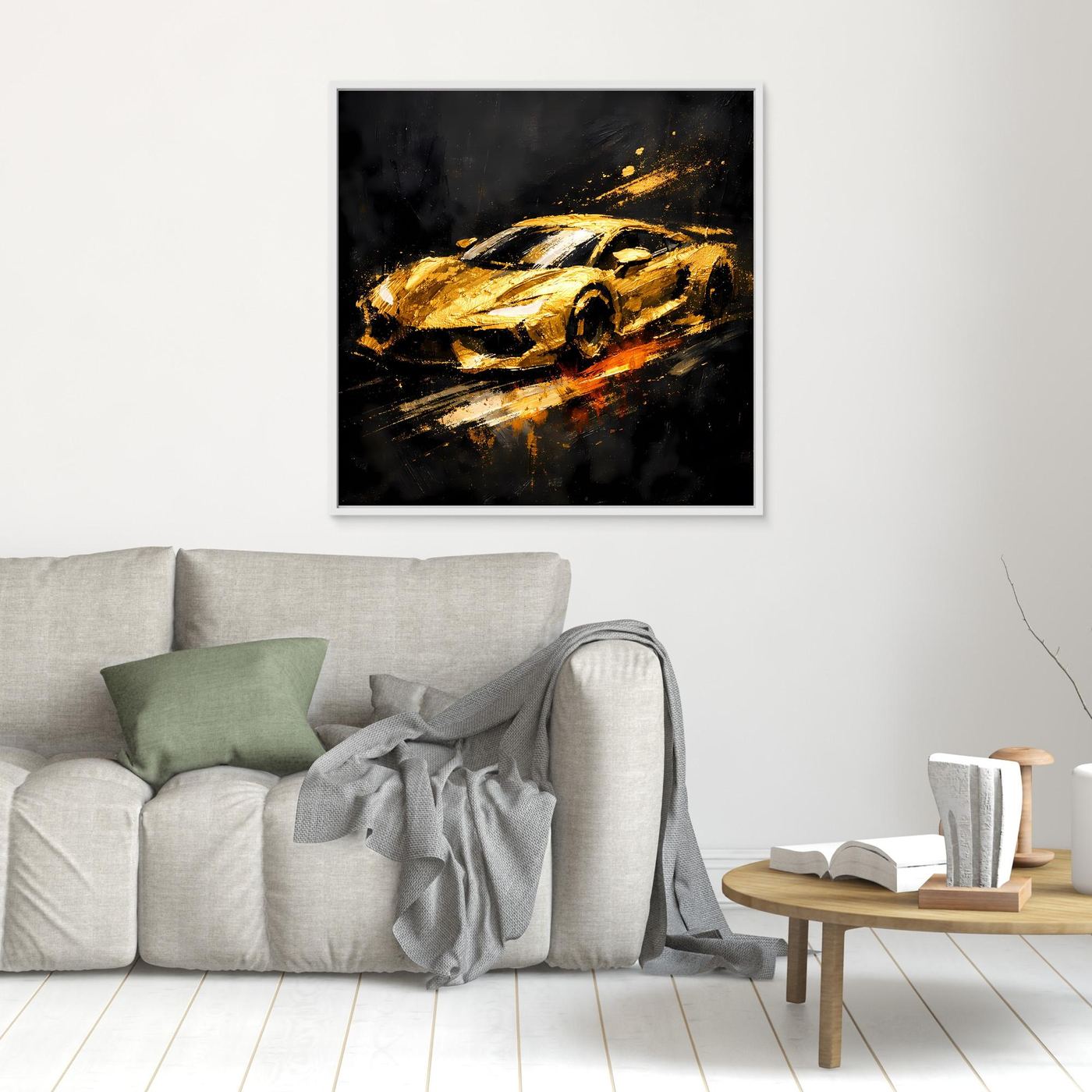 Leinwand Goldener Sportwagen Abstrakt | Modernes Rennwagen Wandbild Schwarz Gold