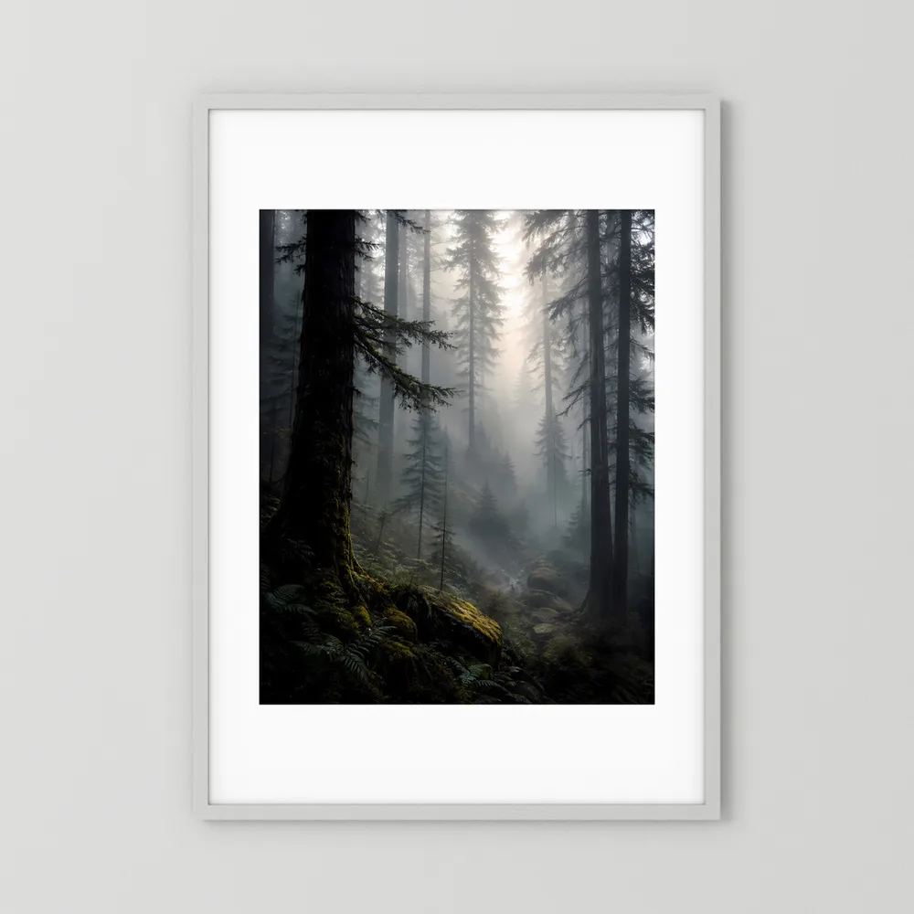 Poster im Hochformat mit dunklem Wald und Lichtstrahlen, weißer Rahmen mit Passepartout