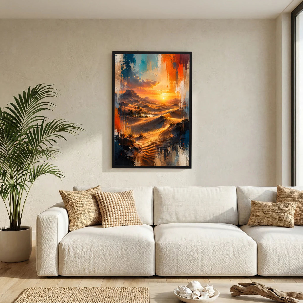 Hochformat-Poster im schwarzen Rahmen mit abstrakter Oase in Orange und Blau