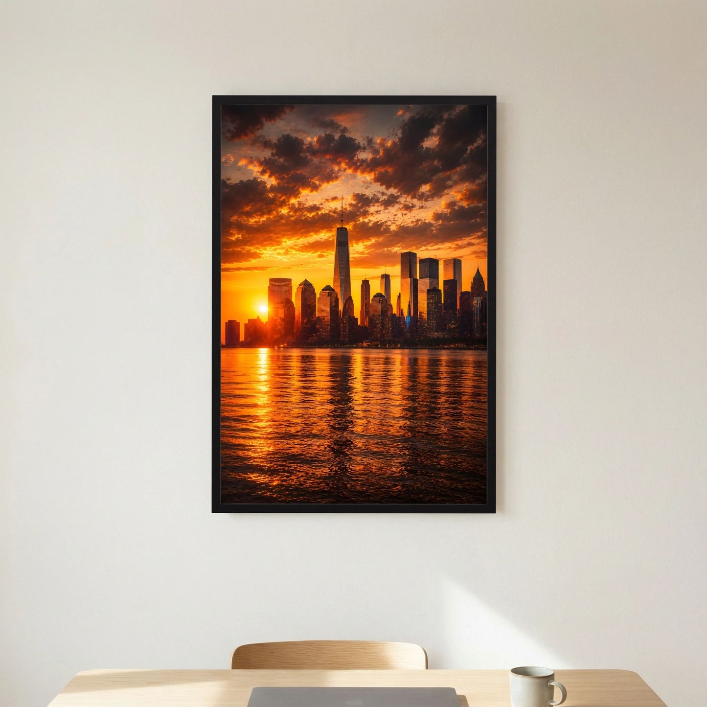 Hochformatiges Poster mit City-Skyline bei Sonnenuntergang über Wasser, orangegelb, schwarzer Rahmen