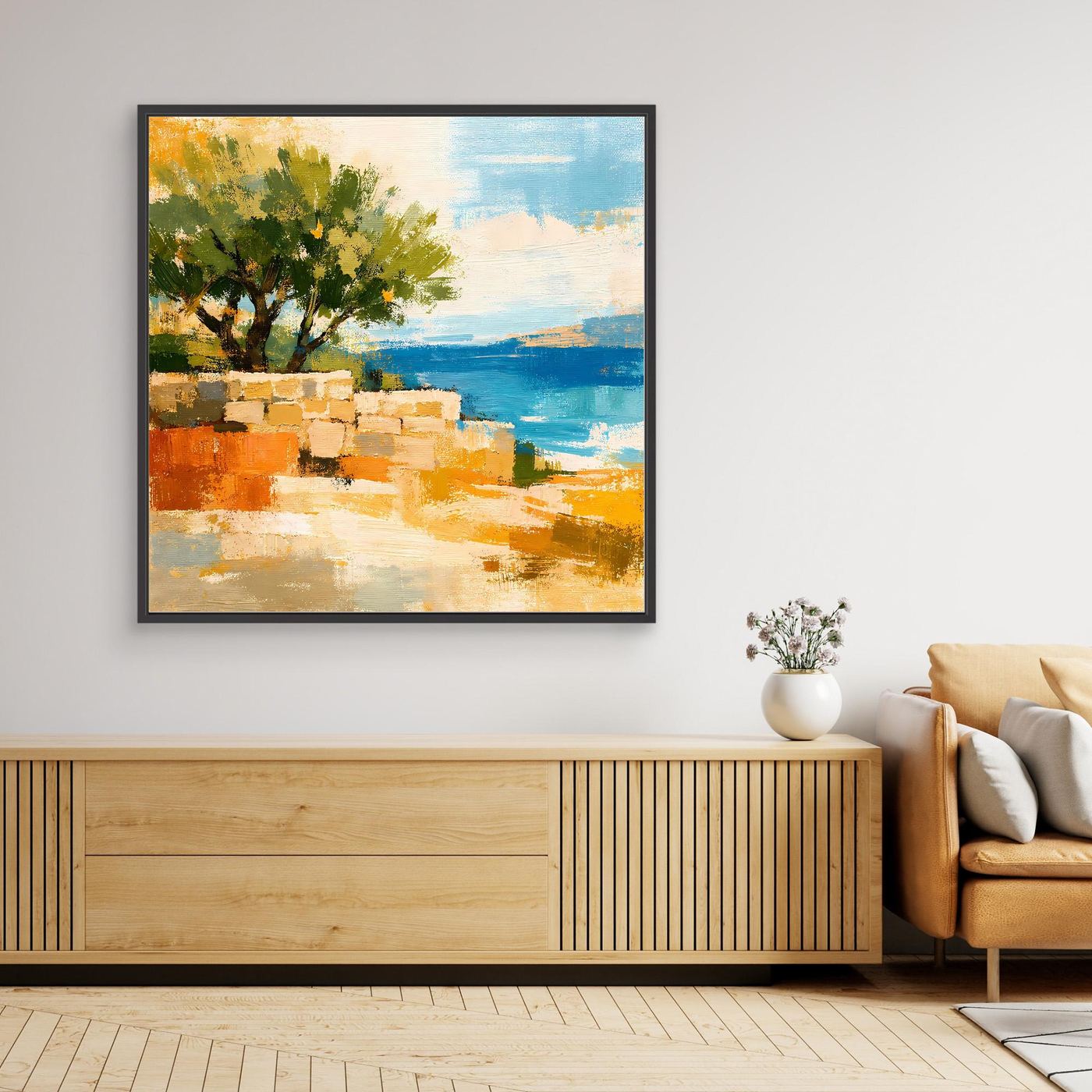 Leinwand Olivenbaum an der Mittelmeerküste | Abstraktes Natur Strand Wandbild