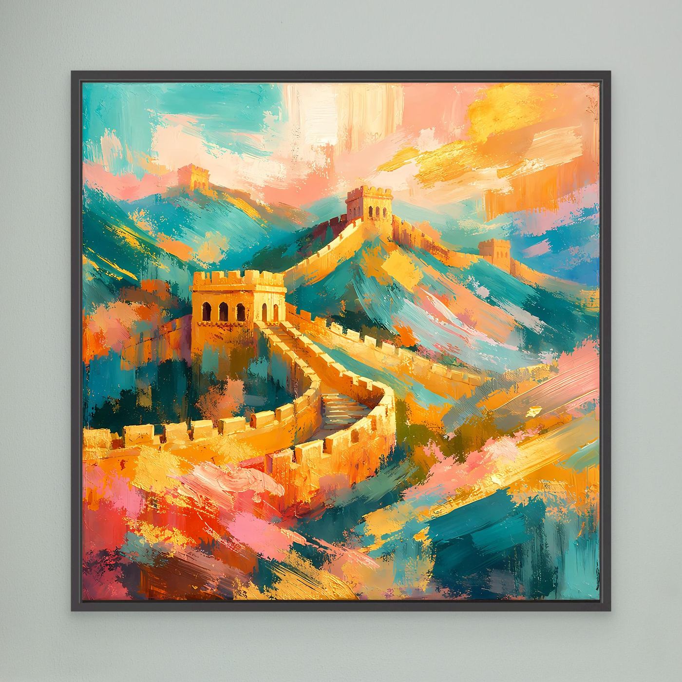 Gerahmtes Leinwandbild mit abstrakter Chinesischer-Mauer-Optik in Türkis, Gelb und Orange