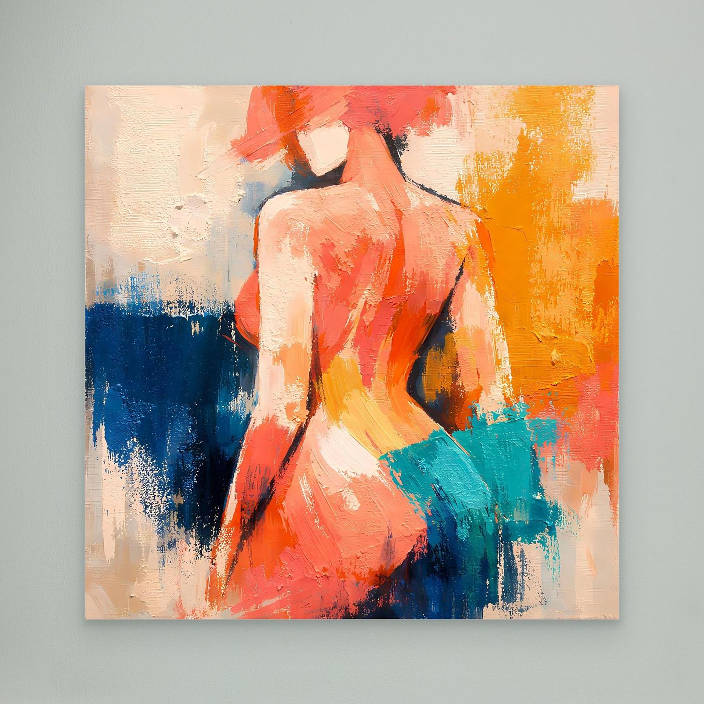 Abstract canvas wall art of a nude woman from behind with orange, teal, yellow, and blue paint