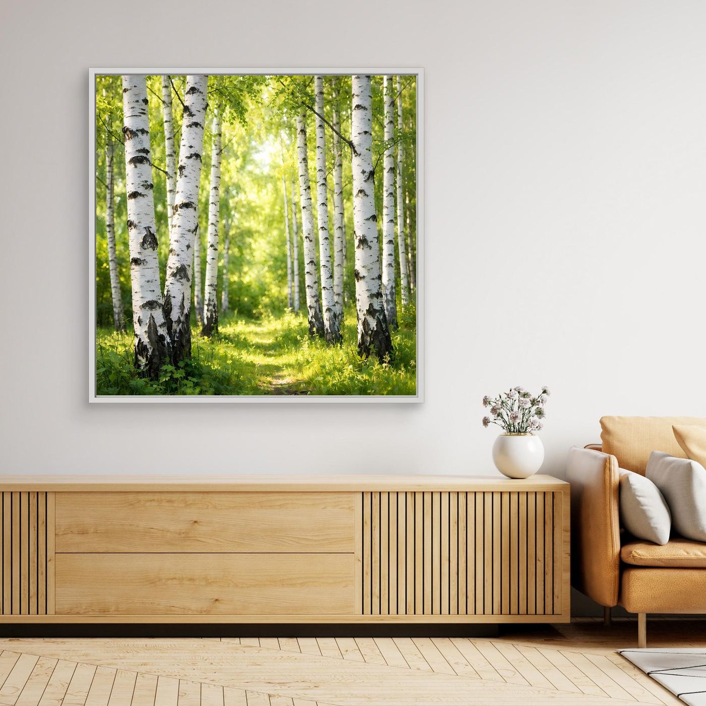 Leinwandbild Birkenwald im Sonnenlicht, grüner Wald mit weißem Rahmen