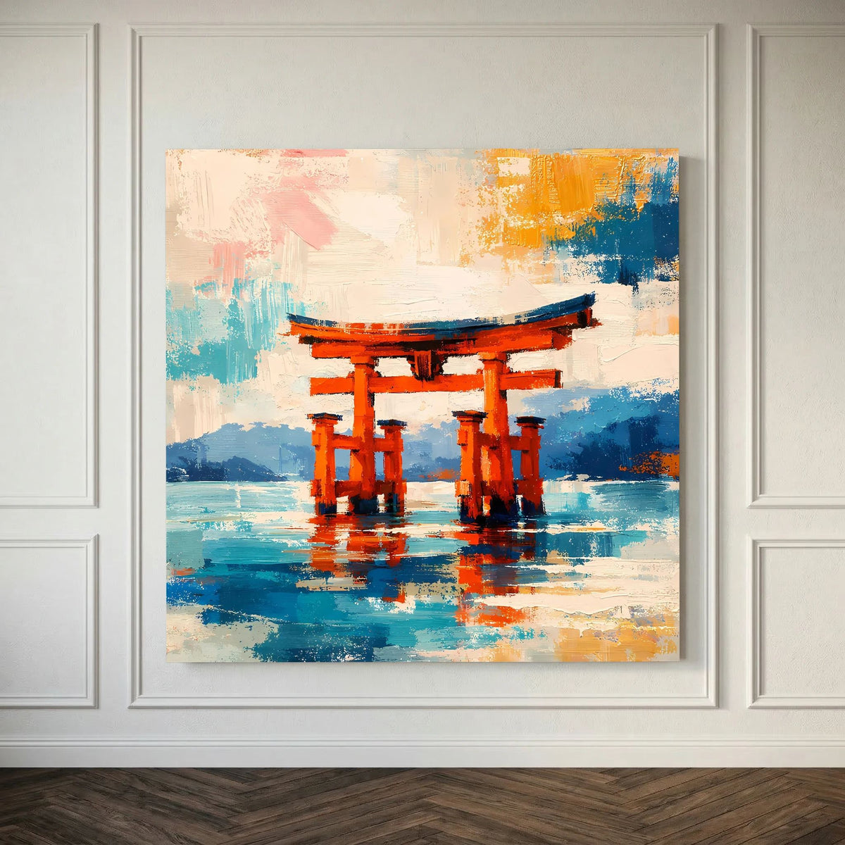 Leinwandbild auf Holzkeilrahmen mit japanischem Torii-Tor in Orange, abstraktes Meer darunter