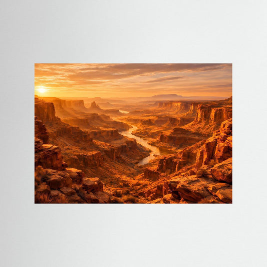 Naturposter im Querformat mit Canyonlandschaft bei Sonnenuntergang in warmen Braun- und Orangetönen