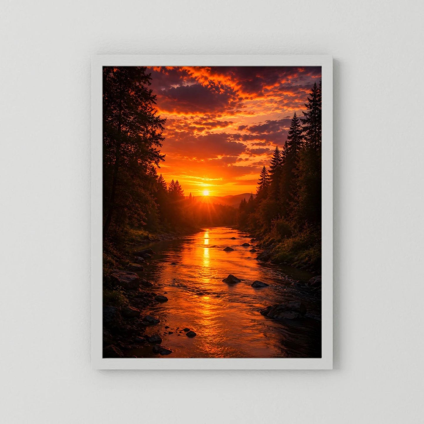 Hochformatiges Poster Sonnenuntergang mit Fluss im Wald, weißer Rahmen