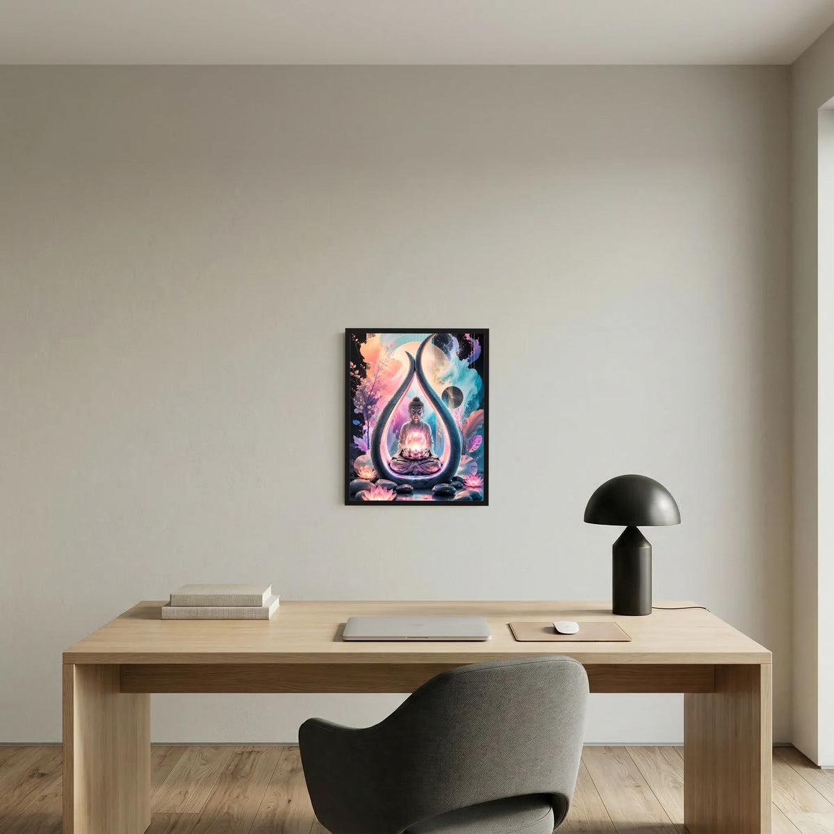 Kleines gerahmtes Poster mit Buddha im Lotussitz, leuchtender Kugel und Tropfenform