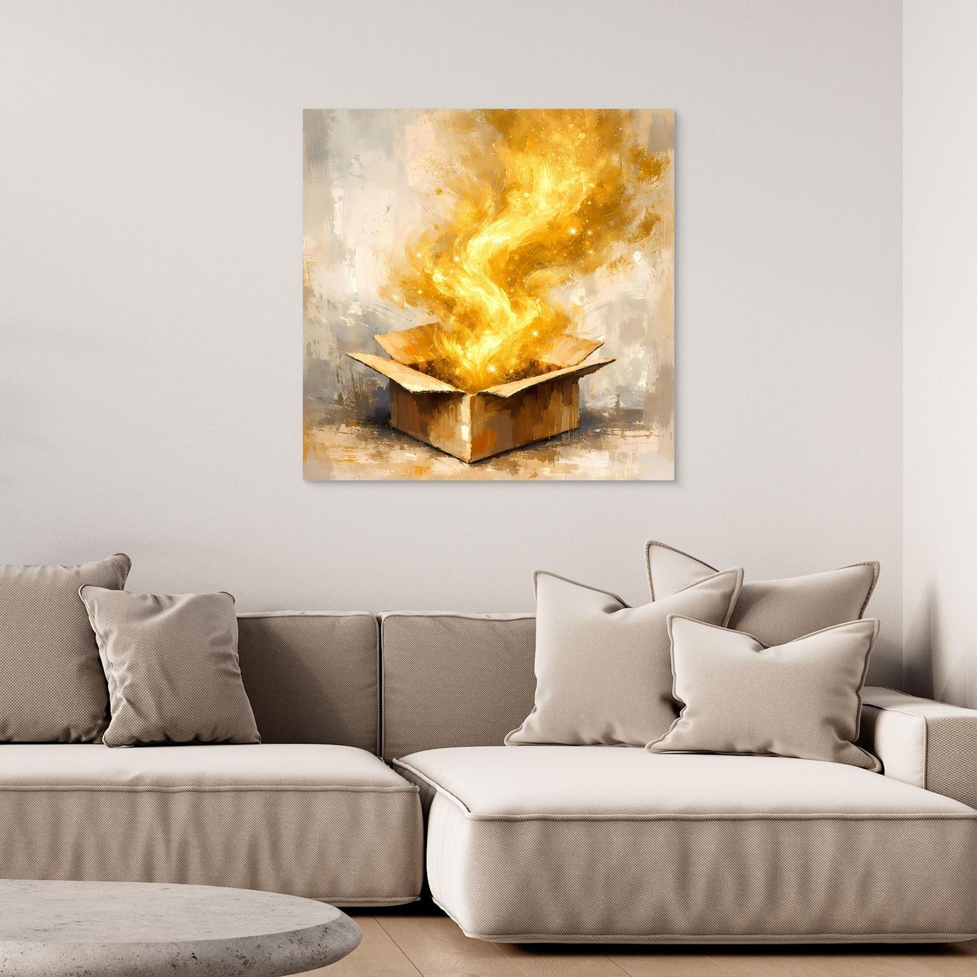 Premium Leinwand Magisches Leuchten aus der Box | Abstraktes Fantasy Wandbild Goldglorie