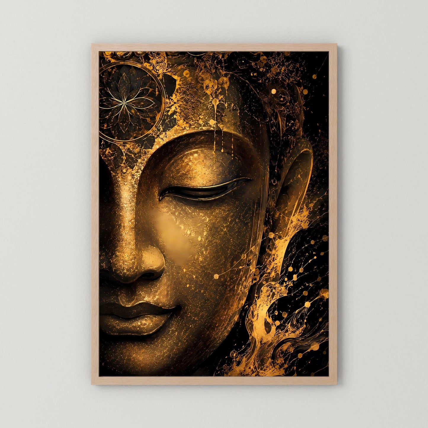 Abstraktes Buddha-Gesicht Poster, schwarz-goldener Look, Hochformat, mit hellem Holzrahmen