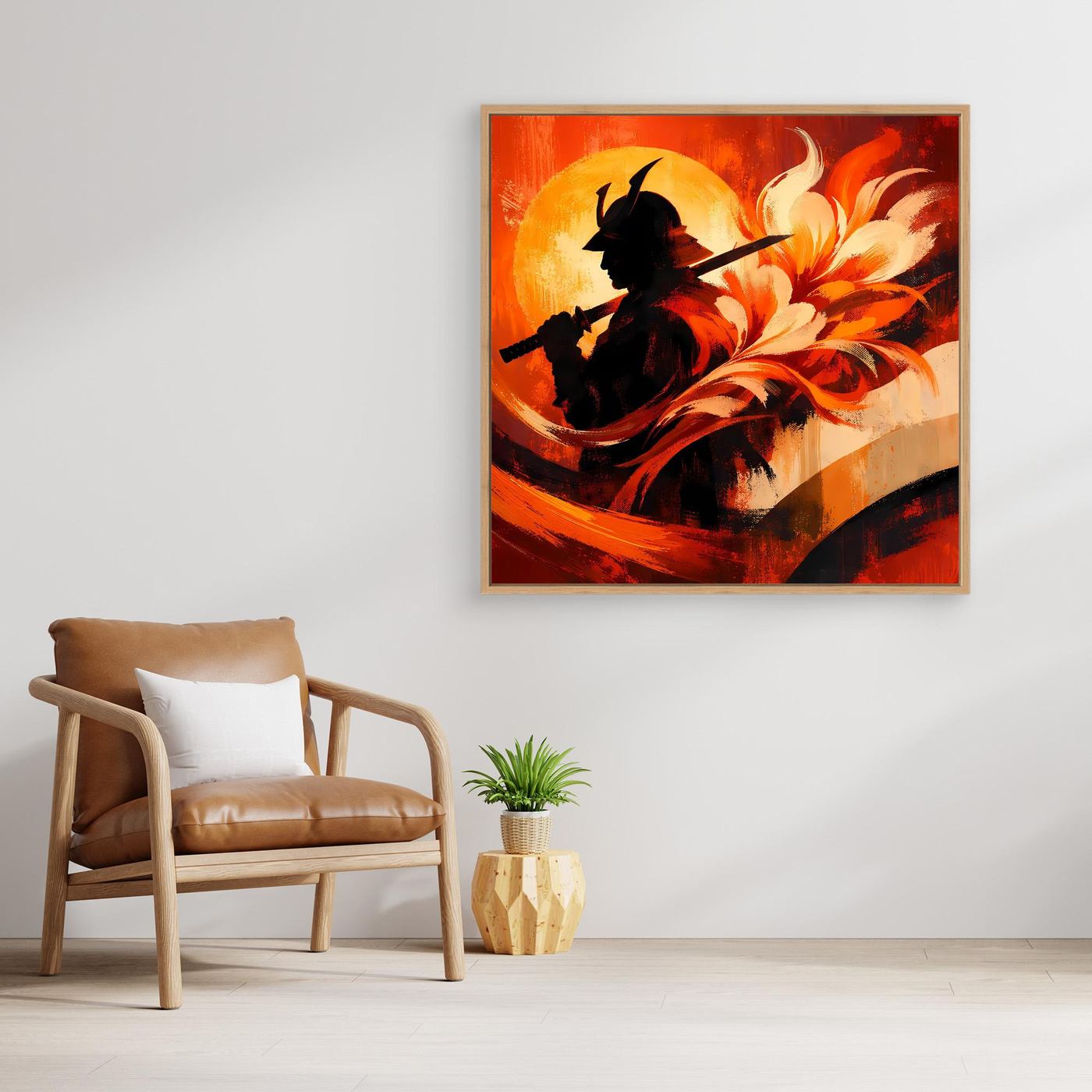 Leinwand-Wandbild: schwarzer Samurai im Profil, Schwert erhoben, umgeben von Blüten