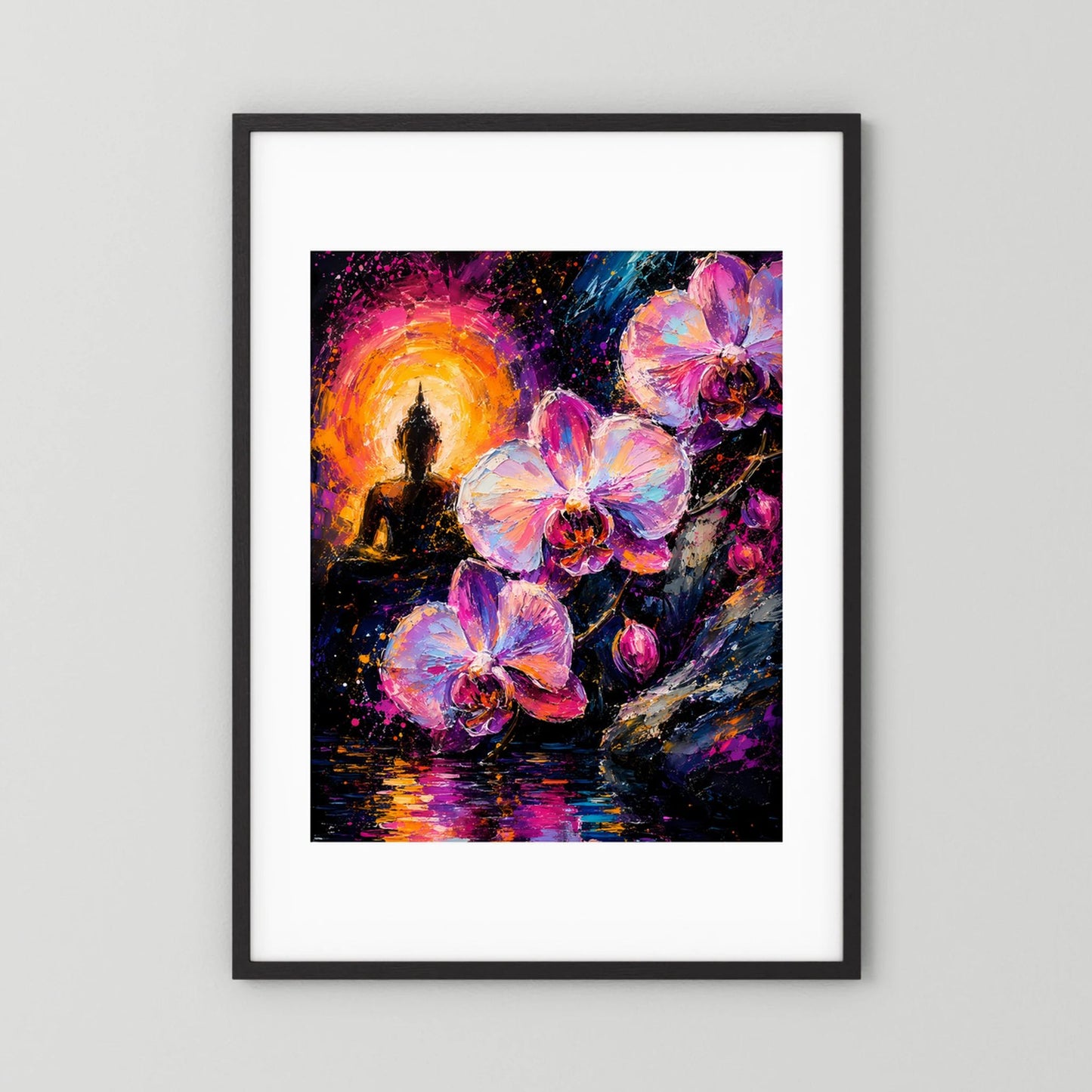Poster mit Buddha- und Orchideenmotiv in Neonfarben, im schwarzen Rahmen mit weißem Rand